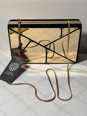 Vince Camuto Gold Mirror Box Clutch Purse with removable Chain Strap